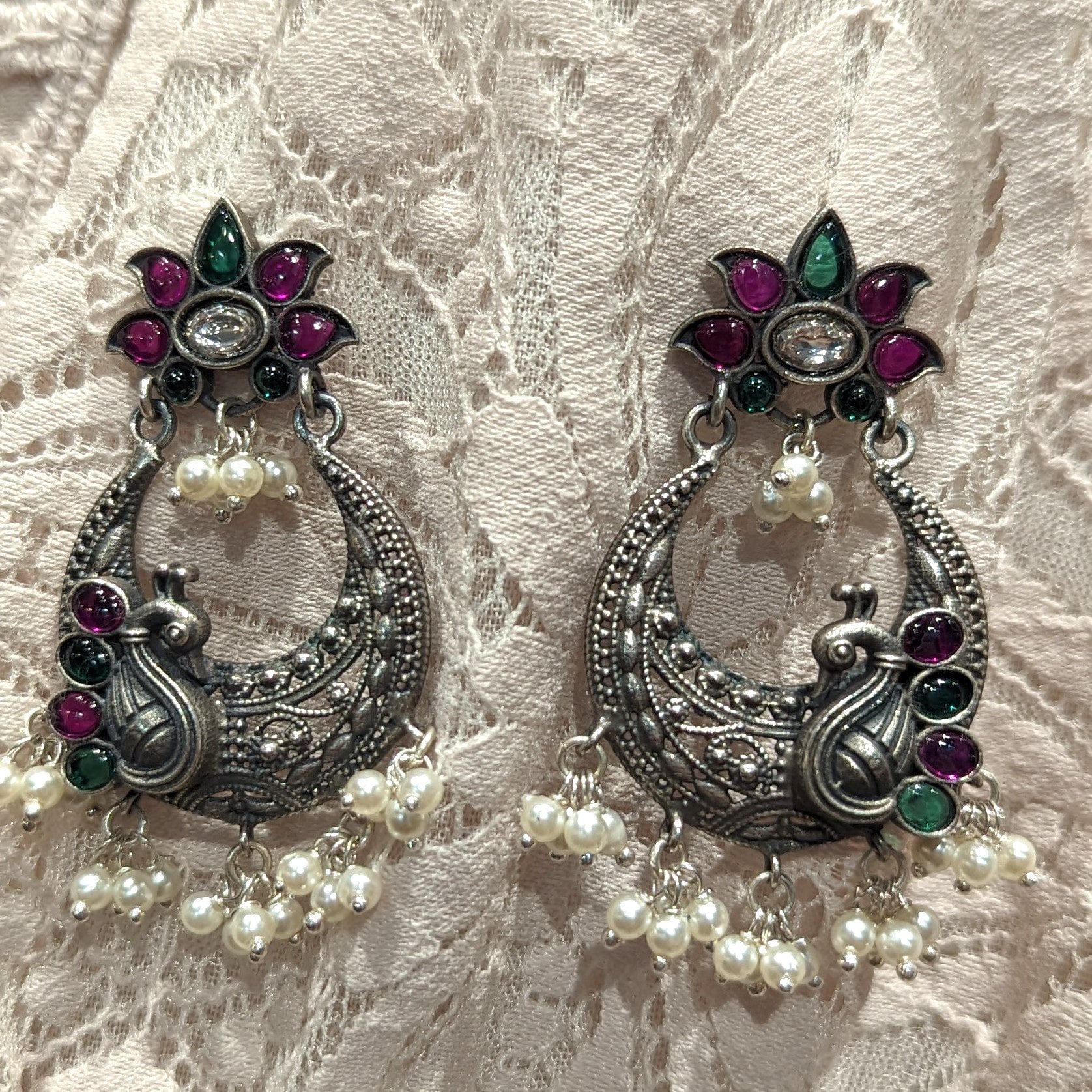 Oxidized Silver lookalike antique peacock earrings | Fusion Vogue